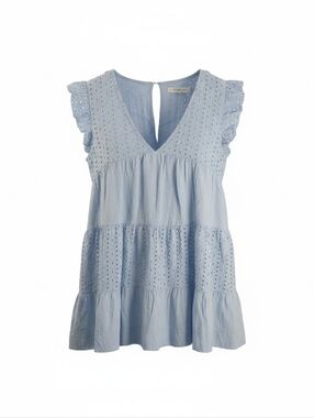 Mustard Seed Light Blue Eyelet Romper Dress Med Babydoll Tiered Built In Shorts